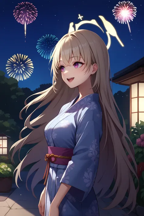 score_9, score_7_up, source_anime, cowboy shot, from side, looking up, smile, open mouth, skrkba, medium breasts, halo, very long hair, yukata, outdoors, night, garden, fireworks, <lora:Hoseki_BlueArchive_SakurakoUtazumi_PDXL_v1:1> 