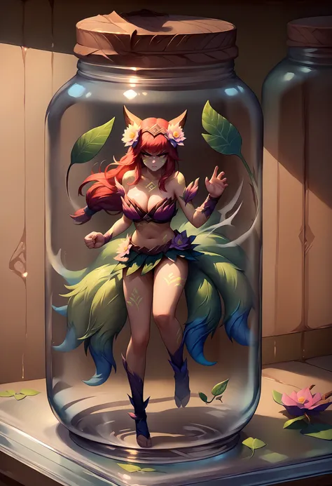 score_9, score_8_up, score_7_up, ahrieldrwod, horns, facial mark, fox tail, multiple tails, long hair, red hair, yellow eyes, large breasts, hair Flower, hair ornament, tattoo, leaf Bikini, bare shoulders, cleavage, navel, leaf skirt,  <lora:Ahri_Elderwood...