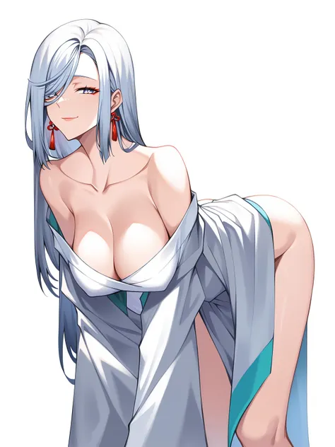 score_9,score_8_up,score_7_up,score_anime,
BREAK
shenhe,white_hair,1girl,bare_legs,bent_over,breasts,cleavage,closed_mouth,lips,collarbone,hanging_breasts,long_hair,long_legs,looking_at_viewer,makeup,smile,solo,standing,bedroom eyes,simple background,long ...