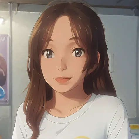 1girl, looking at the camera, highly detailed Medium Brown hair, 
highly detailed eyes, wearing a tshirt, highly detailed, best quality, (UHD, 8K, ultra detailed, 
highly detailed, best quality, large soft breasts, soft smile, best aesthetic, high detail, ...