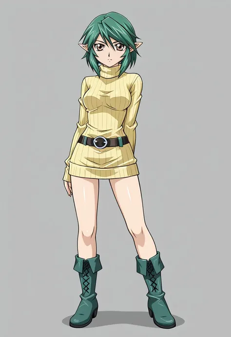 solo, best quality, YGO, saria from the legend of zelda, green hair, short hair, pointy ears, sweater, turtleneck, ribbed sweater, boots, belt, green footwear,