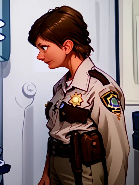 <lora:Trudy_Wiegel_-_Reno_911:1.5>trudy_wiegel, 1girl, frumpy, brown hair, short hair, solo, uniform, shirt, police uniform, police, pants, standing, jacket, badge, portrait, face focus, (smile:0.3), side view, profile view,, source_cartoon, score_9, score...