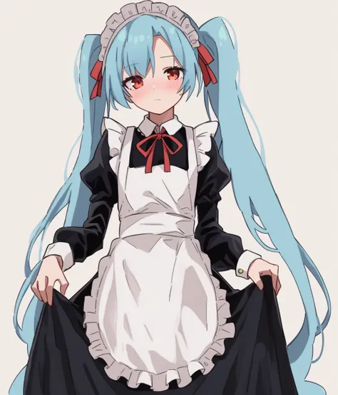 score_9. score_8_up. score_7_up, <lora:maud:1>, maud,
 1girl, maid apron, maid headdress, white background, red eyes, simple background, long hair, black dress, looking at viewer, twintails, blue hair, long sleeves, blush, closed mouth, juliet sleeves, red...