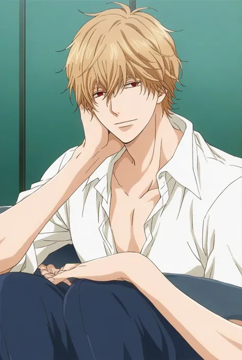 score_9,score_8_up,score_7_up,source_anime,kyoya_sata,wolf_girl_and_nlack_prince,1boy,male focus,solo,red eyes,light smile,sit,blonde hair,slender,white_skin,look at viewer,,<lora:Kyoya_SataWolf_Girl_and_Black_Prince:0.9>