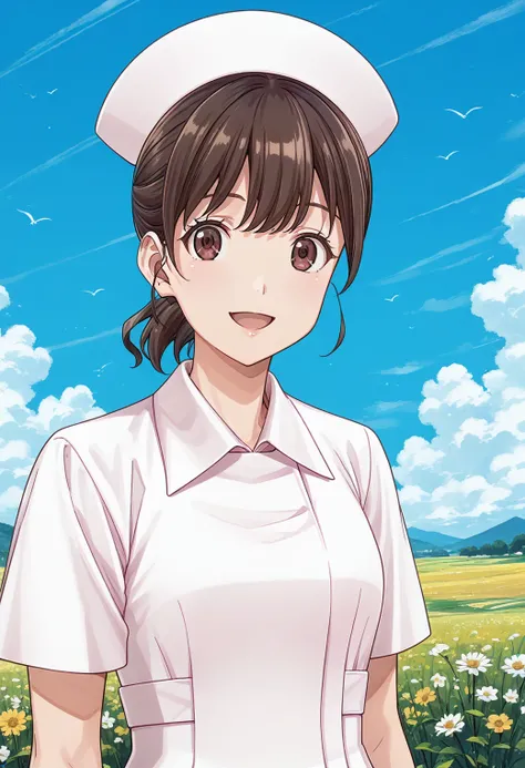 1girl, solo, (field:1.2), (sky:1.2), medium breasts, smile, open mouth, 
tantei1_kangofu, brown eyes, brown hair, ponytail, mature female, nurse cap, nurse, white dress, <lora:tantei1_kangofu_pony_ver2:0.8>, score_9, score_8_up, score_7_up, source_anime, b...