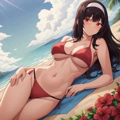 score_9, score_8_up, score_7_up, source_anime, karen, black hair, long hair, red eyes, hairband, large breasts, string bikini, beach, clear sky, clouds, lying, blush, closed mouth, looking at viewer, cowboy shot, dutch angle, solo, flowers, plants,