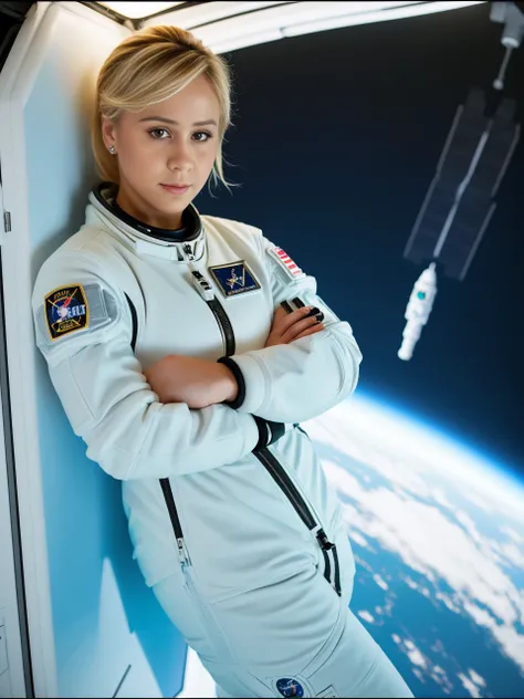 Antibe,  <lora:MariaBakalova:1> maria bakalova, fully dressed, decently dressed,  posing for a photoas an astronaut , 4k,raw,  fashion, masterpiece