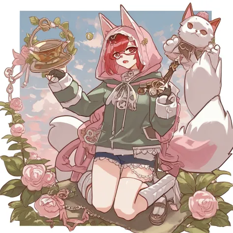 object hug, green headwear, from side, feet out of frame, large breasts, stuffed toy, pink gloves, fake horns, cat ears, hood down, eyewear on head, drawing sword, shimenawa, midriff, asymmetrical clothes, brown headwear, sarashi, pom pom (clothes), cloudy...