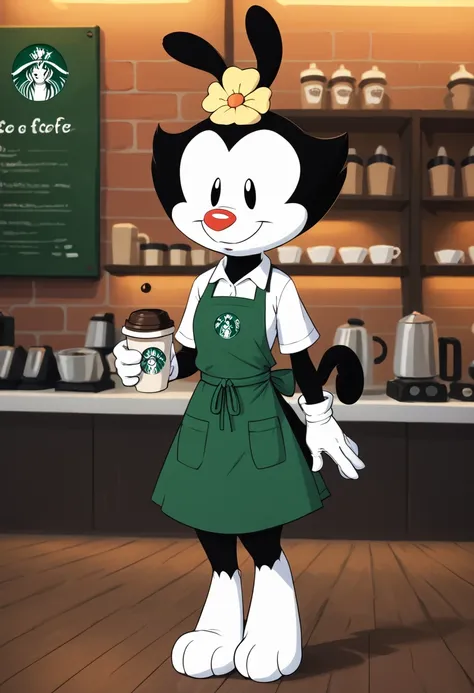 score_9, score_8_up, score_8,  <lora:Dot_Warner_Animaniacs_for_PonyXl:0.8> 1girl,  animal ears, d0tw4n3r, hair ornament, hair flower, white gloves, tail,  apron, coffee shop, uniform,