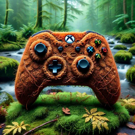 front view,photoshot of a pamcocomat xbox controller lying on moss,fog forest background,full depth of field and realistic textures,highly detailed,masterpiece,high quality, vibrant colors,cinematic,masterpiece,intricate,hdr,abstract, fractal, ultrarealist...