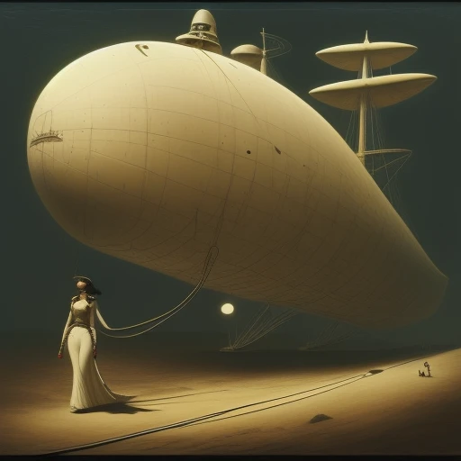 airship, makeup, holding leash, retro artstyle, bird, white dress, upper body, night