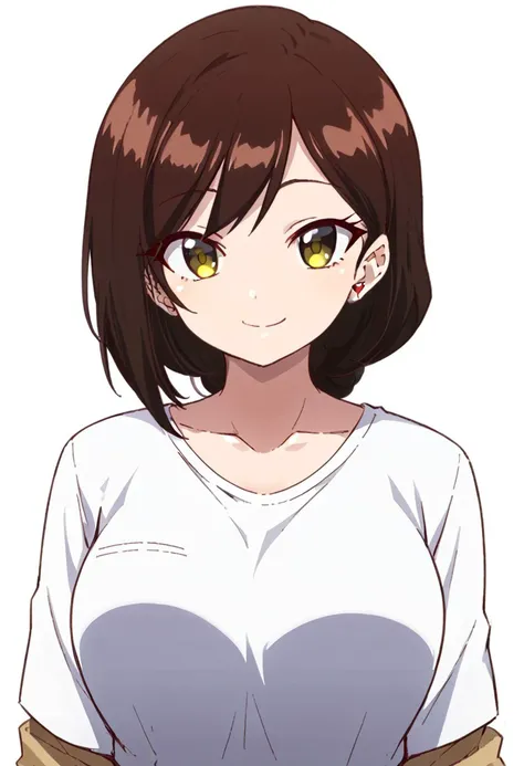 score_9, score_8_up, score_7_up, source_anime, takasakiminami, 1girl, solo, closed mouth, large breasts, shirt, earrings, jewelry, looking at viewer, collarbone, smile