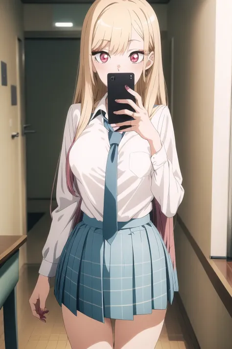 (masterpiece, best quality, very aesthetic, ultra detailed, source anime, anime, intricate details), <lora:Sono Bisque Doll wa Koi wo Suru - Marin Kitagawa SD 1.5 R6:0.9>, 1girl, breasts, blonde hair, skirt, long hair, school uniform, red eyes, shirt, self...