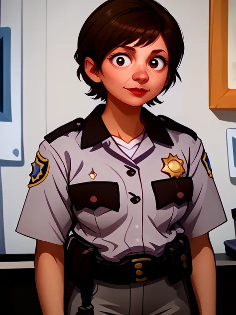 <lora:Trudy_Wiegel_-_Reno_911:1>trudy_wiegel, 1girl, frumpy, brown hair, short hair, solo, uniform, shirt, police uniform, police, pants, standing, jacket, badge, portrait, face focus, (smile:0.3), source_cartoon, score_9, score_8_up, score_7_up,