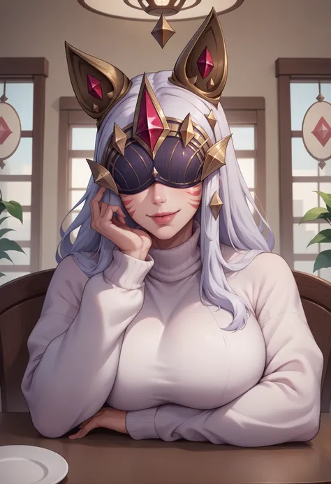 score_9, score_8_up, score_7_up, Ahriarcana, animal ears, facial mark, multiple tails, long hair, white hair, large breasts, eye mask, covered eyes,  <lora:Ahri_Arcana_pdxl_Incrs_v1:1>, upper body, pov across table, cafe, wagashi, seductive smile, white ho...