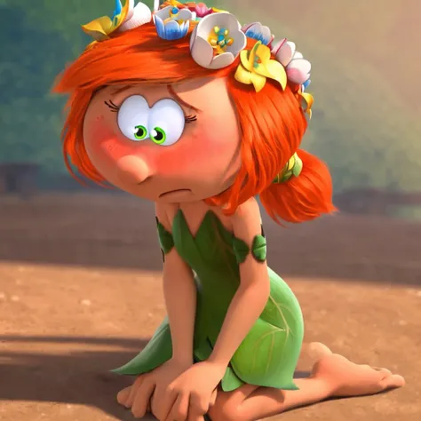 leaf (the smurfs), leaf dress, orange hair, hair flowers, head wreath, ponytail, short hair, green pupils, barefoot,
tip toe, blushing, shy, dilated pupils, shocked, 
on knees,
1girl, solo, solo female,
score_7,