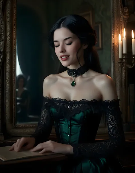 In a dimly lit, Victorian-era study adorned with antique books and a roaring fireplace, the subject 53R3N483LL3, a woman of captivating beauty with cascading raven-black hair and striking, closed eyes, stands before an ornate, intricately carved mirror. Cl...