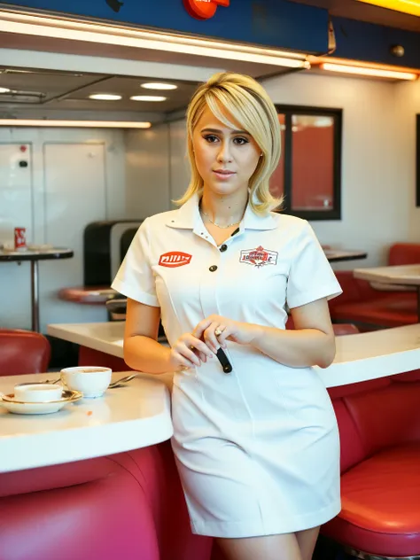 Bilbao,  <lora:MariaBakalova:1> maria bakalova, fully dressed, decently dressed,  posing for a photoas a waitress in a 60s diner , 4k,raw,  fashion, masterpiece