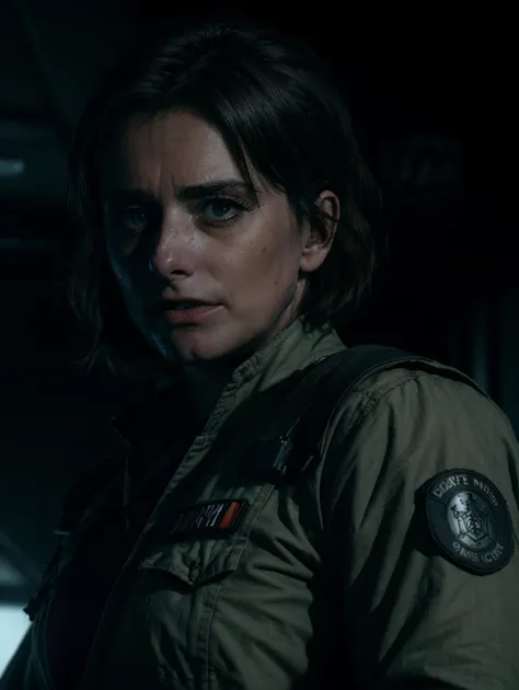 Marine8, a cinematic shot from a badass woman, science fiction, Resident Evil movie, closeup shot, gritty combat dress, wear and tear, captured by red epic cameras, film directed by Ridley Scott, epic and gritty intensity, sharp contrast between light and ...