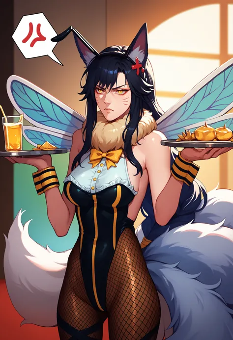 score_9, score_8_up, score_7_up, ahridefault, slit pupils, animal ears, facial mark, fox tail, multiple tails, long hair, single braid, black hair, yellow eyes, large breasts, <lora:Ahri_pdxl_Incrs_v1:1>,  <lora:Degen_Honeybee_alpha:1> honeybee, antennae, ...