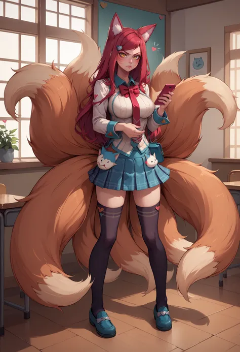 score_9, score_8_up, score_7_up, ahriacademy, slit pupils, animal ears, fox tail, multiple tails, facial mark, long hair, red ha...