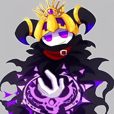 <lora:Magolor_EX:1> 1boy, solo no humans, purple eyes, white skin, colored skin, cape, horns, crown, hood,