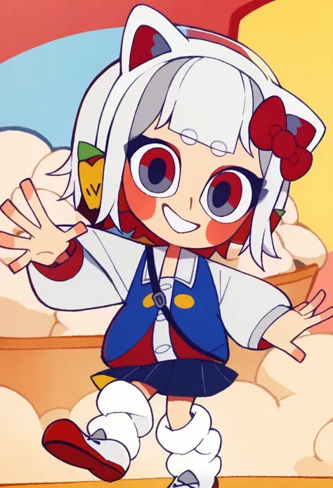 score_9, score_8_up, score_7_up BREAK HKGrl, 1girl, white hair, white bob cut, red gray eyes, pink cheeks, red hair bow, apple hairclips, white red cat ears, open white blue red yellow-button jacket, white buttoned undershirt, pleated dark blue skirt, long...