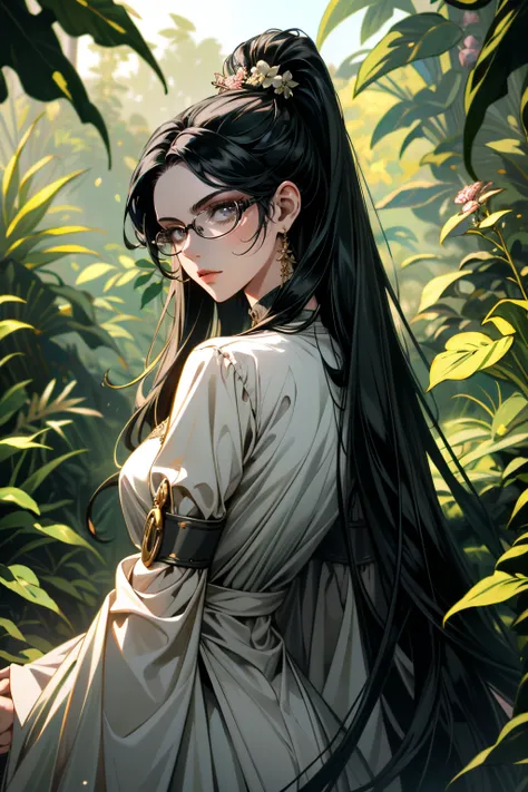 ((ultra detailed, masterpiece, absurdres))
<lora:BBayo:0.8>
BBayo, 1girl, long hair, black hair, glasses, looking at viewer, in a lush jungle with vibrant flowers, from behind, looking back