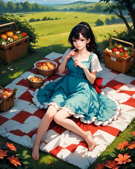 1girl, solo, sfw, <lora:EmiPonyXLdense:1>, black eyes, picnic, realistic, barefoot, score_9, score_8_up, score_7_up, score_6_up, best quality, masterpiece