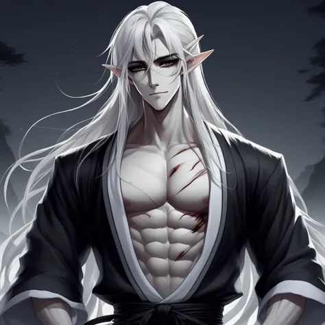 pointy ears, scars on face, elf, calmed expression, gray skin, 1man, 30 year old, defined muscles, slim body, japanese features, long hair, black eyes, solo, white hair, scars on left arm, pale skin, black karategi