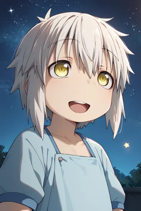 score_9,score_8_up,score_7_up,source_anime,anime style,1boy, solo,human nanachi,white hair,yellow eyes,Blue dress, short sleeves, outdoors, close-up, open mouth, smile, night, looking up, star_(sky)<lora:EMS-428880-EMS:0.800000>