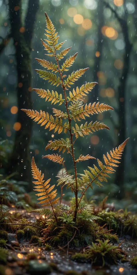 macro_shot,Artistic photo of fern and moss in the night forest during the rain in the warm light of a lantern, soft natural lighting,subsurface scattering,amazing textures,amazing composition, masterpiece,Miki Asai Macro photography,professional,ultra-deta...