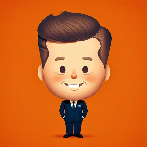 cartoon portrait of John F. Kennedy in jmawx style, cute chibi, full character, smile, detailed facial features, Orange background    <lora:Jerrod_Maruyama_XL_V11.1:0.75>