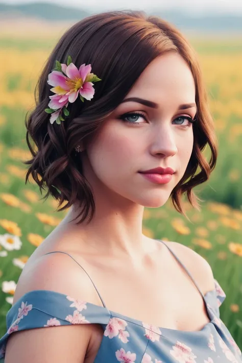 alexisknapp-3945, ((detailed skin, detailed face):1.2),  ((detailed eyes, beautiful eyes):1.2),((red lipstick, blush, eye shadow, eyeliner, pale skin)),  ,photo of a woman, RAW, close portrait photo, ((beautiful floral print sundress)),((short hair, pixie ...