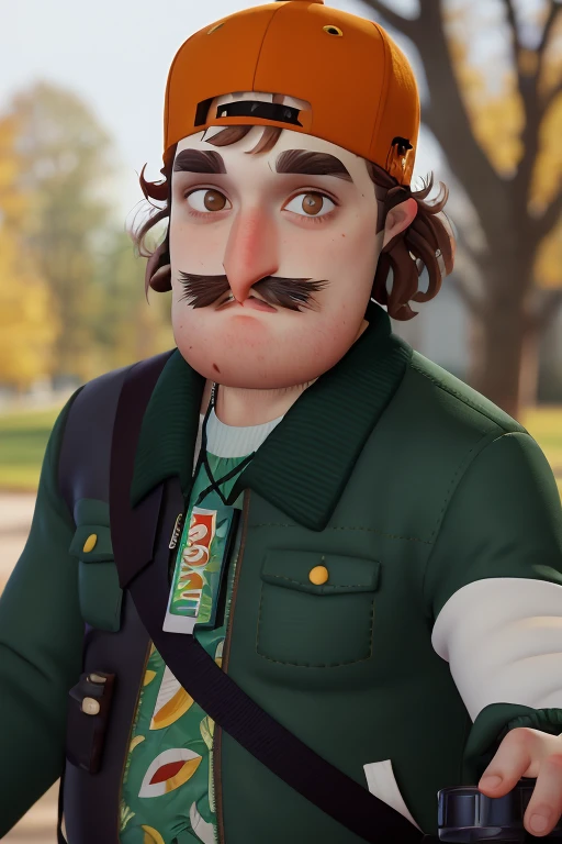 quentinhn, male focus, mustache, 1boy, facial hair, blurry background, hat, thick eyebrows, brown hair, blurry, outdoors, jacket, white headwear, green jacket, shirt, green shirt, multiple boys, solo focus