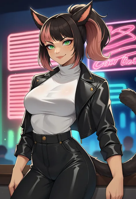 score_9, score_8_up, score_7_up BREAK solo, 1girl, xivmc, cat girl, animal ears, two-tone hair, green eyes, slit pupils, freckles, tail, nightclub, neon lights, bokeh, depth of field, makeup, leather jacket, turtleneck, high waist pants, smirk <lora:clamXI...