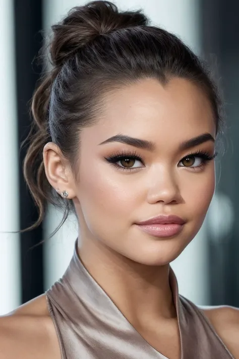 headshot of S476_ParisBerelc,a stunning woman,in a (restaurant:1.1),wearing a (cowlneck),(hair-buns),(4k, RAW photo, best quality, 50mm, depth of field, ultra high res:1.1),(intricate, photorealistic, cinematic-shot, masterpiece, ultra-detailed:1.1),