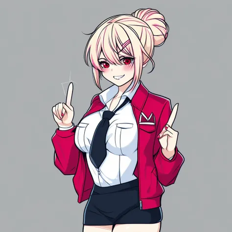 pink nails, hair ornament, 1girl, shirt, black necktie, blush, black skirt, skirt, open clothes, hand in pocket, nail polish, v, bangs, looking at viewer, smile, collared shirt, miniskirt, hair bun, a woman in uniform holding up two fingers while dressed i...