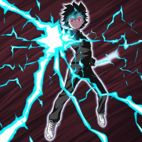 black pants, red eyes, pants, short hair, shigeo100, full body, electricity, weapon, shoes, closed mouth