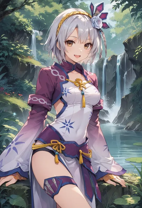 (score_9:0.9),score_8_up,score_7_up,rating_safe,anime style,(zPDXL),<lora:Gobul armor ponyXL v1.2:0.75>,gobul x gunner armor,white hair ornament,purple thigh strap,white chinese dress,purple long sleeves,1girl,solo,short hair,smile,brown eyes,lake,waterfal...