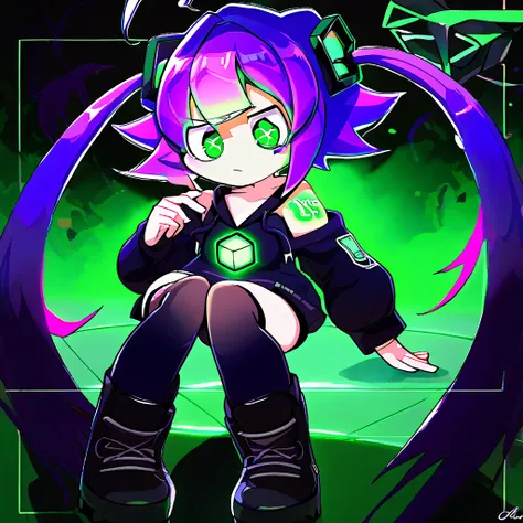 <lora:5:1.2>, vibrant colors,  <lora:ICoN:0.8> IC0n,  purple hair, twin tails, ahoge, green eyes, black hoodie, open shoulders, black tighhighs, black boots, glowing green cube on chest, glowing green tattoos on shoulders