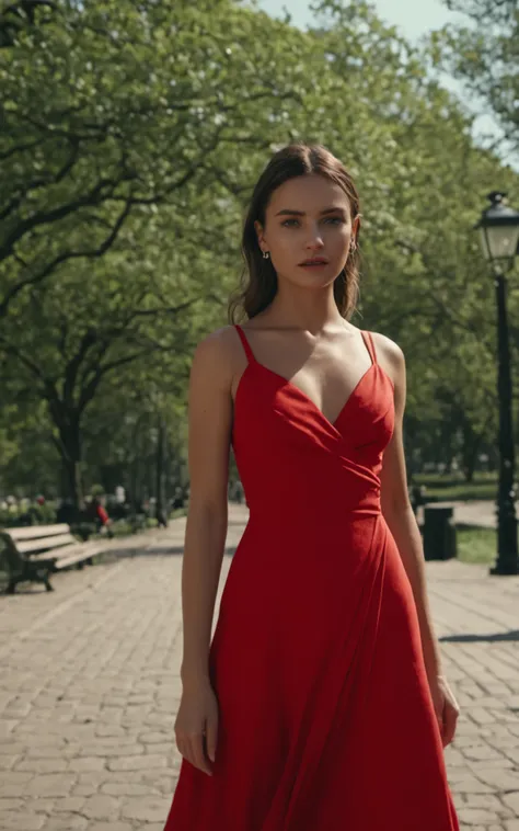 a woman in the park wearing a red dress,EZRealPONYXL,