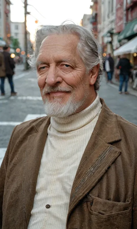 real life photo,rating_safe,score_9, score_8_up, score_7_up,portrait,clanb,grey hair,beard,solo,1boy,old man,male,brown coat,white turtleneck,standing on street,bokeh<lora:EMS-427474-EMS:1.000000>