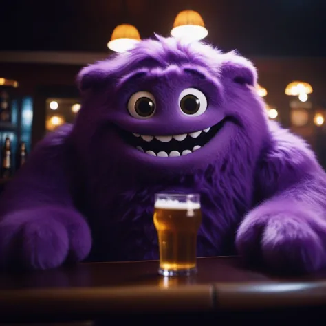 cinematic photo a purple fur monster, smile, having a beer in a pub  <lora:Blue1024:0.8> . 35mm photograph, film, bokeh, professional, 4k, highly detailed