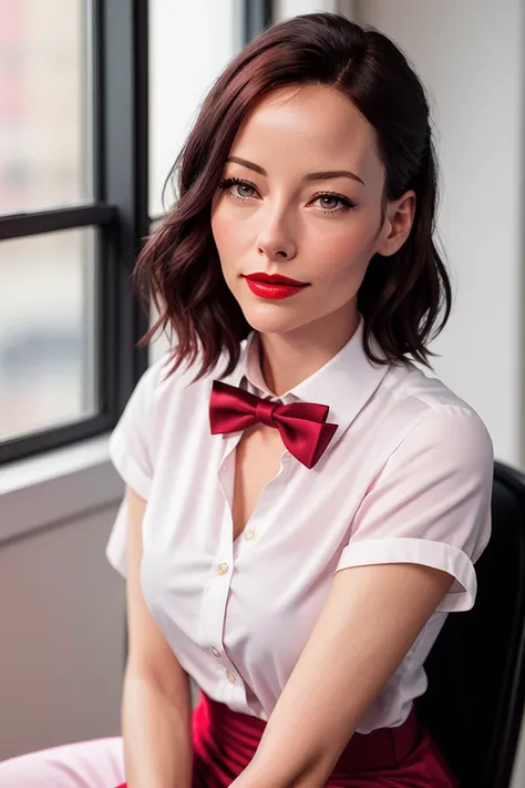 ameliacooke-2295,  ((detailed skin, detailed face):1.2),((detailed eyes, beautiful eyes):1.2), ((red lipstick, blush, eye shadow, eyeliner, pale skin)),  , ,photo of a woman, RAW, ((bowtie, shirt)),((short hair)), ((classroom, sitting)), slim body, 8k uhd,...