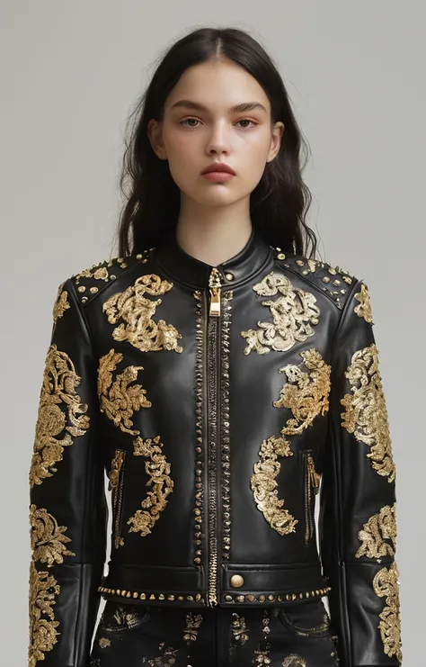 masterpiece,best quality,<lora:tbh350-sdxl:0.75>,illustration,style of  Simone Rocha, Edgy Versace leather jacket with gold studs, rock-chic style, urban nightlife setting