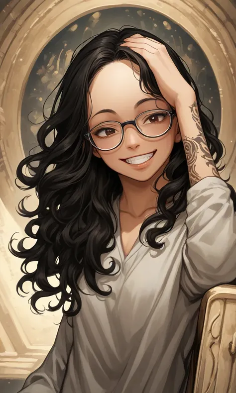 Litta, Curves, Wavy hair, Long black hair, Medium height, Medium/large breasts, Glasses, Full sleeve tattoo (right arm), Oval face shape, Light skin tone, High forehead, Wide forehead, Wide smile, Big teeth , Receding hairline, Wide entry, High entry