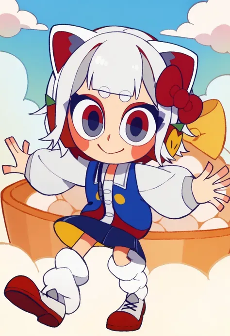 score_9, score_8_up, score_7_up BREAK HKGrl, 1girl, white hair, white bob cut, red gray eyes, pink cheeks, red hair bow, apple hairclips, white red cat ears, open white blue red yellow-button jacket, white buttoned undershirt, pleated dark blue skirt, long...