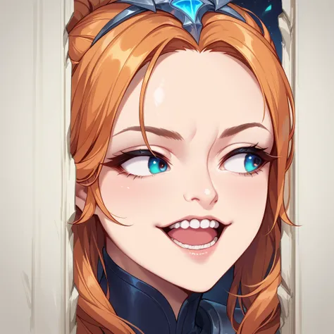 score_9, score_8_up, score_7_up, best quality, masterpiece, source_anime, zPDXL2, BREAK  , theshining, open mouth, smile, teeth, looking away, leona_(league_of_legends) <lora:The_shining_meme:1.3>