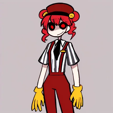 <lora:lavaold:1.3>,  <lora:Teto_Mesmerizer_PDXL:0.8> solo, 1girl, tetomesmerizer, kasane teto, striped shirt, yellow gloves, black necktie, suspenders, red pants, hat